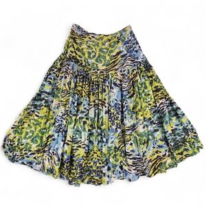 Y2K Boho Abstract Animal Print Metallic Cotton Lined Crinkle Midi Skirt Size L